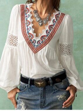 Boho Hippie Linen Embroidered Peasant Too Size Small